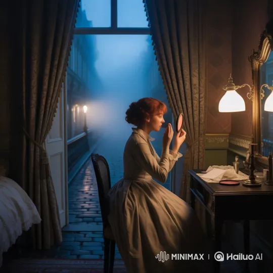 Woman in Period Gown Prepares for a Foggy Night – AI Generated Video | Hailuo AI