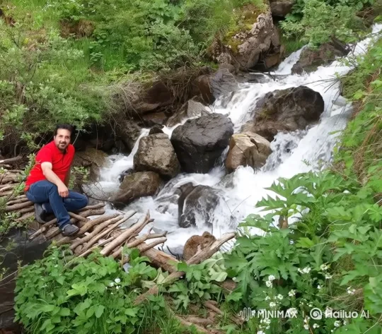 Man Navigates Stream on Log Bridge with Care – AI Generated Video | Hailuo AI