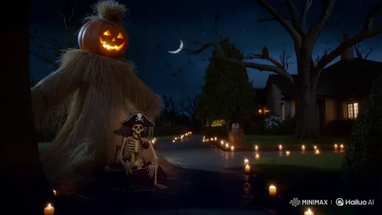 Halloween Night: Spooky Scarecrow and Pirate Skeleton – AI Generated Video | Hailuo AI