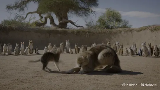 Cat Delivers Decisive Kick in Dusty Animal Fight Ring – AI Generated Video | Hailuo AI