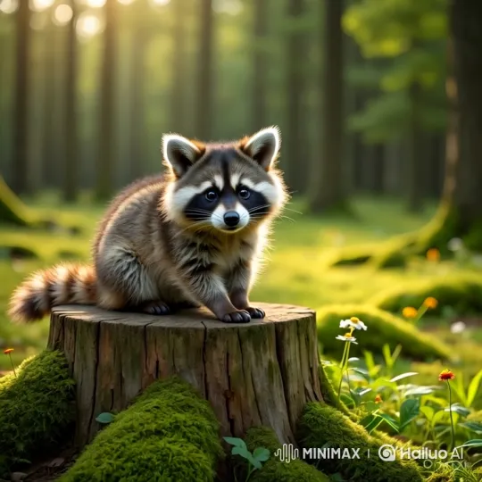 Playful Baby Raccoon Dances in Sunlit Forest – AI Generated Video | Hailuo AI