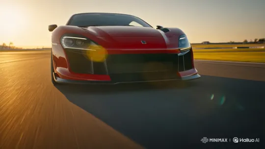 High-Performance Sports Car: Golden Hour Race Track Chase – AI Generated Video | Hailuo AI