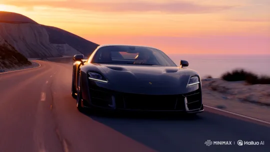 Sleek Sports Car Glides on Coastal Sunset Highway – AI Generated Video | Hailuo AI