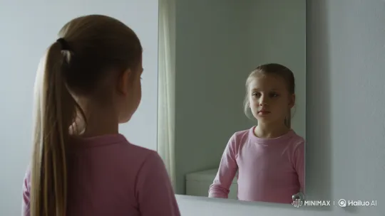 Young Girl Reflects in Mirror, Touches Surface – AI Generated Video | Hailuo AI