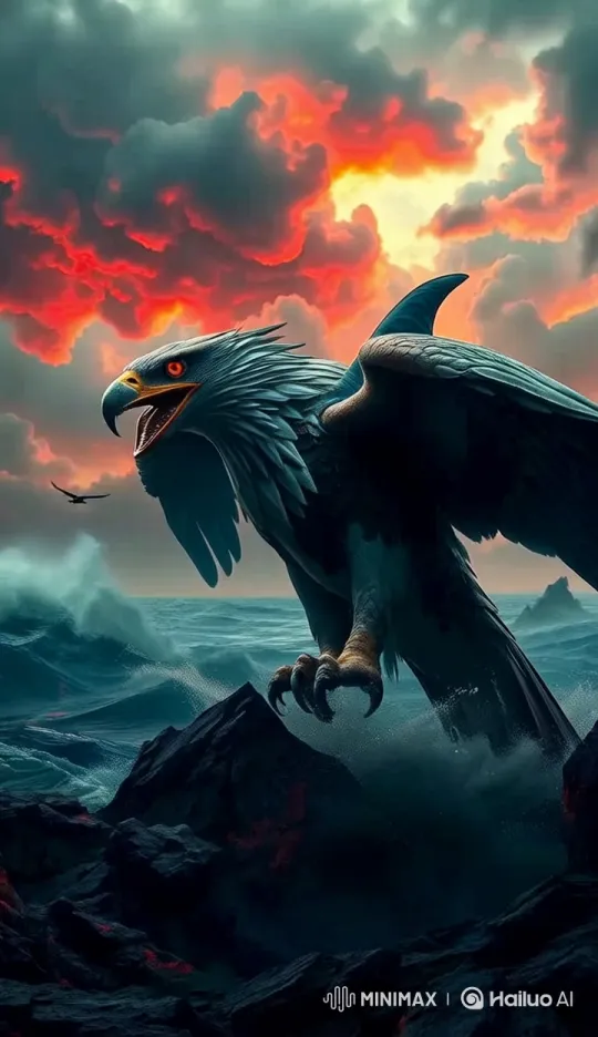 Dramatic Live2D Scene: Eagle Amidst Stormy Sea – AI Generated Video | Hailuo AI