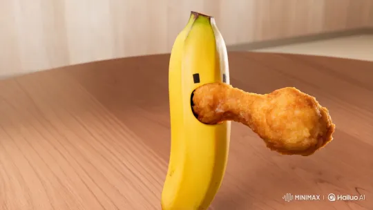 Sentient Banana Eats Fried Chicken on Table – AI Generated Video | Hailuo AI