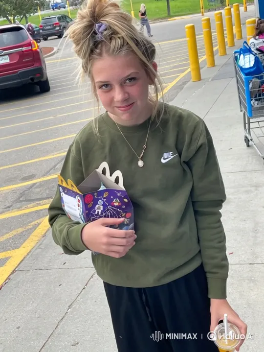 Young Woman Dances Joyfully in Parking Lot Holding McDonald's Meal – AI Generated Video | Hailuo AI
