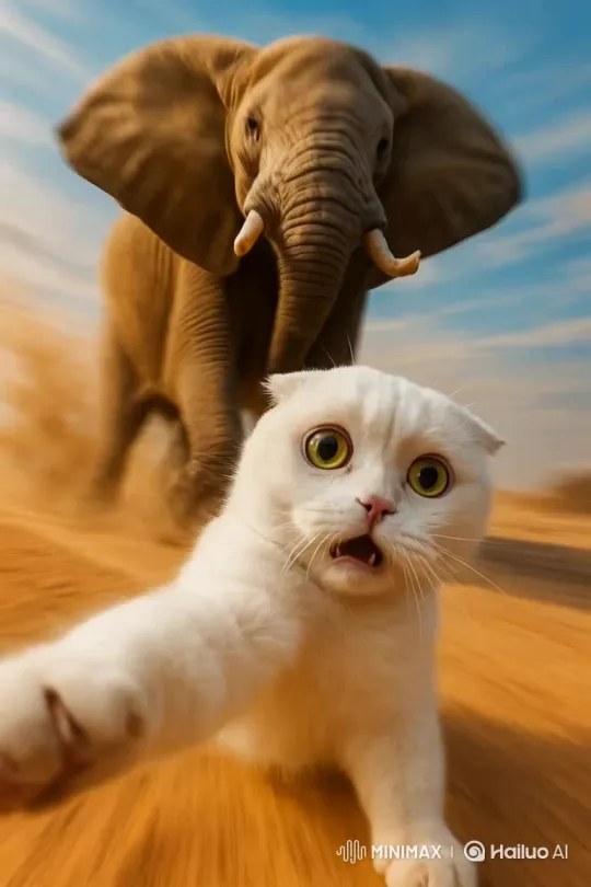 Cat Escapes Elephant in the Desert – AI Generated Video | Hailuo AI
