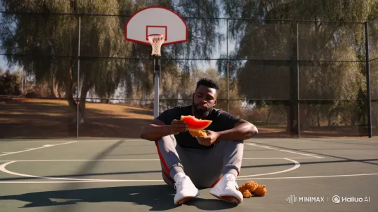 Man Enjoying Watermelon and Chicken on Basketball Court – AI Generated Video | Hailuo AI
