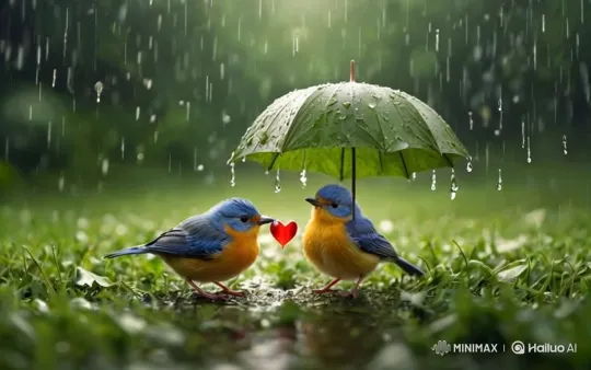 Birds Share Tender Moment Under Rainy Shelter – AI Generated Video | Hailuo AI