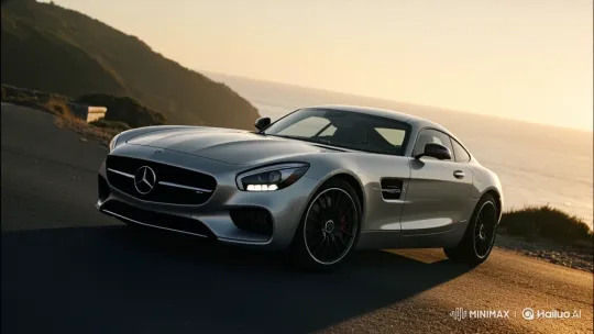 Mercedes-Benz AMG GT Glides on Coastal Road at Golden Hour – AI Generated Video | Hailuo AI