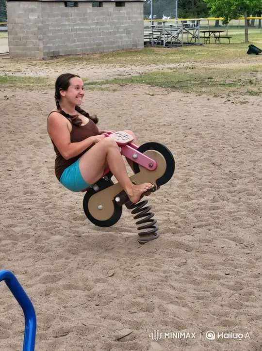 Woman Joyrides on Spring Rider, Carves Circles in Sand – AI Generated Video | Hailuo AI
