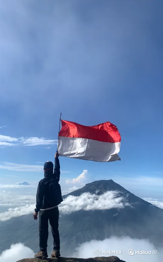 Hiker Holds Flag on Mountain Summit with Vast Landscape – AI Generated Video | Hailuo AI