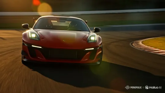 Red Sports Car Speeds Around Track in Cinematic Golden Hour – AI Generated Video | Hailuo AI