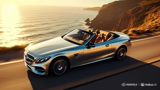 Sleek Convertible Cruises Coastline at Sunset – AI Generated Video | Hailuo AI