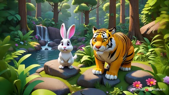 Confident Rabbit Challenges Tiger by River – AI Generated Video | Hailuo AI