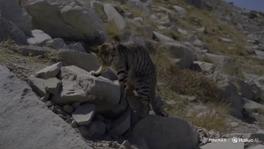 Determined Tabby Climbs Rocky Mountain – AI Generated Video | Hailuo AI