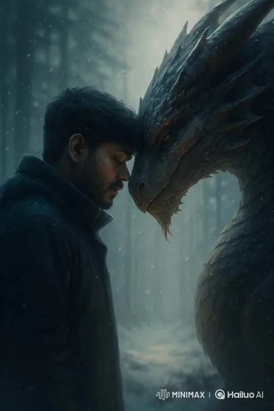 Man and Dragon Prepare for Battle in Snowy Forest – AI Generated Video | Hailuo AI