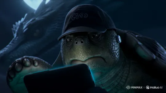 Turtle Gazes at Giant Transparent Dragon Under Moonlight – AI Generated Video | Hailuo AI