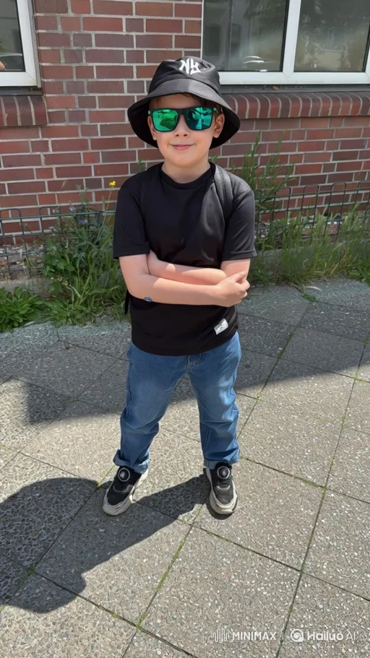 Young Boy Transforms Attitude on Sunny Sidewalk – AI Generated Video | Hailuo AI
