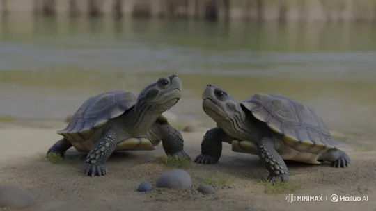 Turtles Engage in Quiet Dialogue on Riverbank – AI Generated Video | Hailuo AI