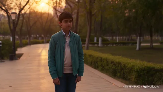 Golden Hour Serenity: Boy and Girl Share a Smile in the Park – AI Generated Video | Hailuo AI