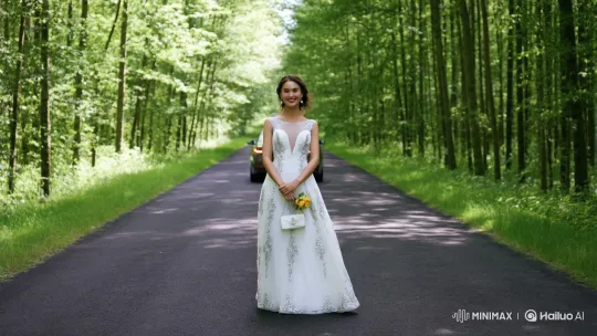 Woman Enters Luxury Sedan on Forest Road – AI Generated Video | Hailuo AI