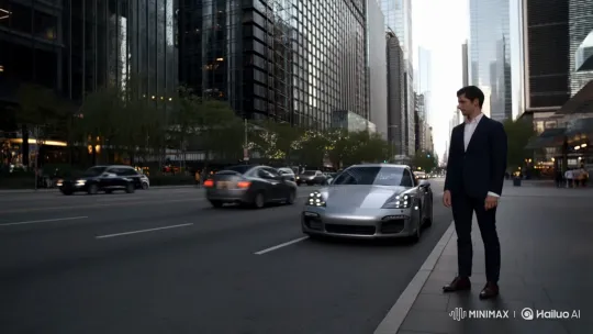 Stylish Man Enters Porsche on Bustling City Street – AI Generated Video | Hailuo AI