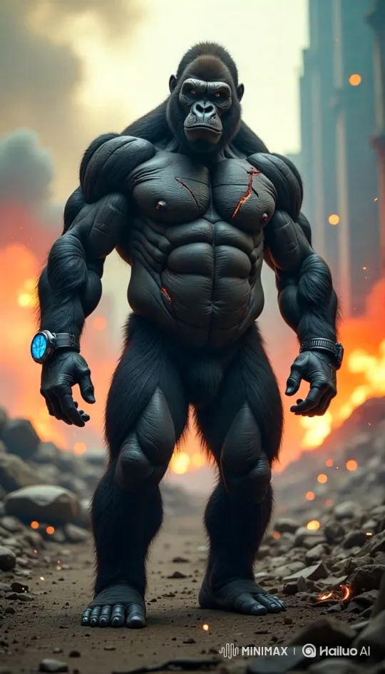 Gorilla Exosuit Transformation in War-Torn Landscape – AI Generated Video | Hailuo AI