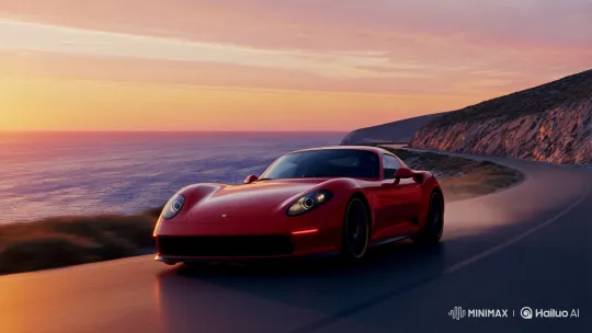 Red Sports Car Zipping on Coastal Road at Sunset – AI Generated Video | Hailuo AI