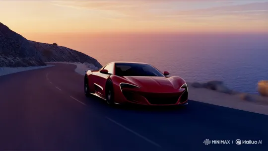 Red Sports Car Glides Along Coastal Sunset Highway – AI Generated Video | Hailuo AI