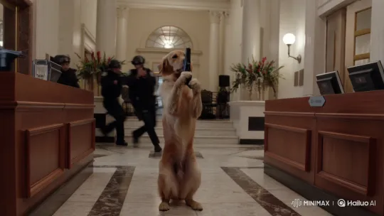 Dog Surrenders to Police in Bank After Gun Standoff – AI Generated Video | Hailuo AI