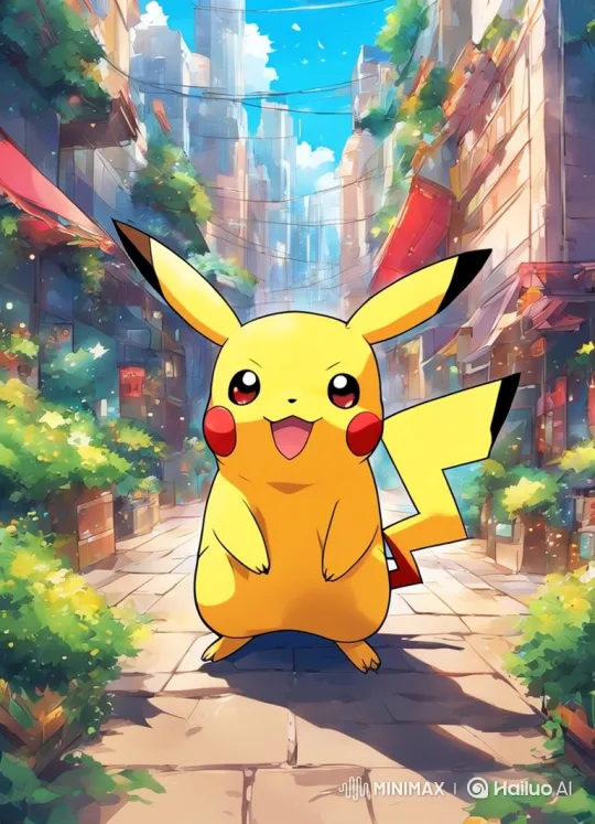 Pikachu Anticipates Joyfully in a Painterly Cityscape – AI Generated Video | Hailuo AI