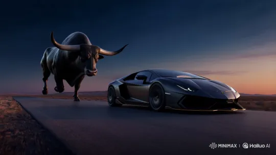 Lamborghini Fuses with Black Bull on Dusk Highway – AI Generated Video | Hailuo AI