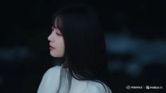 Young Woman in White Turns to Camera in Dark Setting – AI Generated Video | Hailuo AI