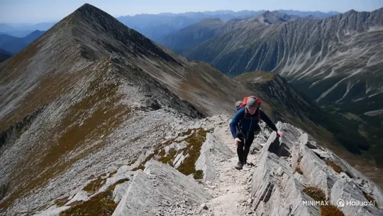 Determined Hiker Ascends Rugged Mountain Trail – AI Generated Video | Hailuo AI
