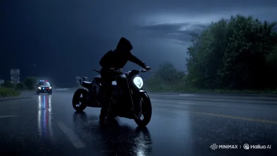 Hooded Biker's Chase Leads to Police SUV Flip – AI Generated Video | Hailuo AI