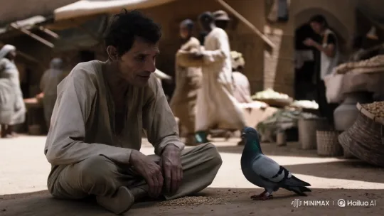 Hungry Man and Pigeon Share Grains, Form Friendship – AI Generated Video | Hailuo AI