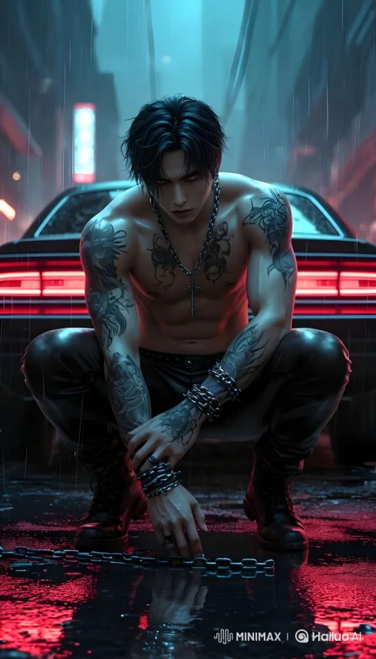 Tattooed Man in Rainy Alley with Chain – AI Generated Video | Hailuo AI