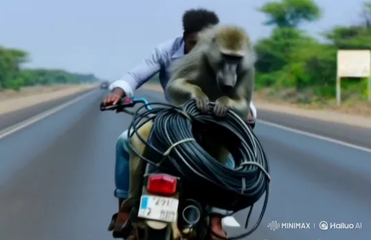 Motorcycle with Baboon Passenger Travels on Long Road – AI Generated Video | Hailuo AI