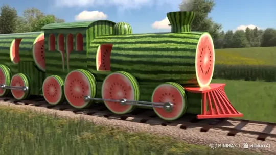 Watermelon Train Glides Through Countryside – AI Generated Video | Hailuo AI