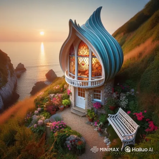 Whimsical House on Cliff at Sunset with Gentle Waves – AI Generated Video | Hailuo AI