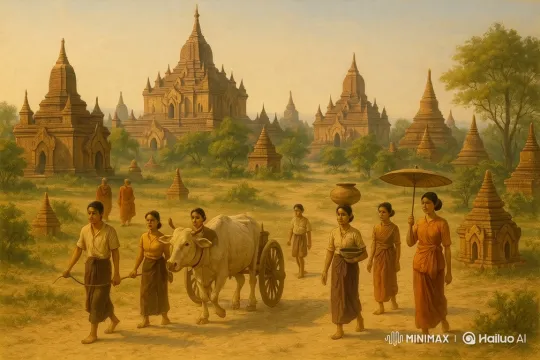 Procession with Ox Cart in Ancient Temple Landscape – AI Generated Video | Hailuo AI
