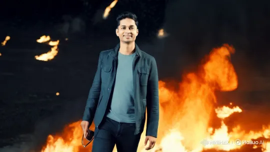 Man in Jacket Walks Confidently Through Explosion – AI Generated Video | Hailuo AI