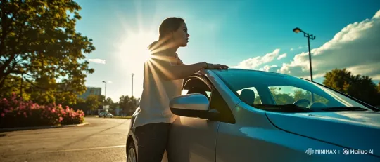 Young Woman, Silver Car, and Red Pickup Truck Tracking Shot – AI Generated Video | Hailuo AI