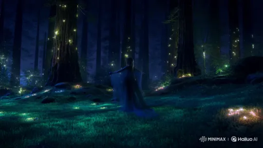 Mysterious Abubu Glides Through a Luminous Night Forest – AI Generated Video | Hailuo AI