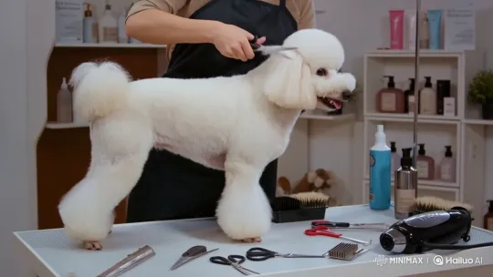 Expert Groomer Styles Poodle in Bright Pet Salon – AI Generated Video | Hailuo AI