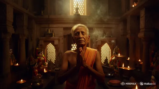 Elderly Man's Devotion in a 19th-Century Kolkata Temple – AI Generated Video | Hailuo AI
