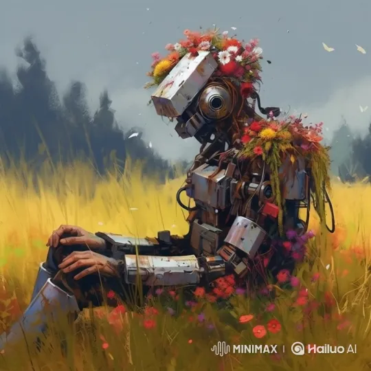 Rustic Robot Adorned with Wildflowers in Golden Field – AI Generated Video | Hailuo AI