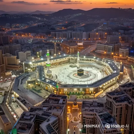 Aerial View of a Grand Mosque and Worshipers' Circumambulation – AI Generated Video | Hailuo AI